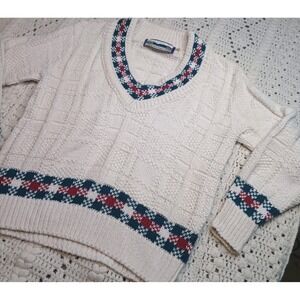 Vtg Shenandoah Knit Sweater Womens S USA Made Cottage Plaid Cream Winter Cozy 3D